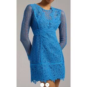 NEW $230 By Anthropologie Sheer Lace Mini Dress Blue Size 16 Plus Long Sleeve